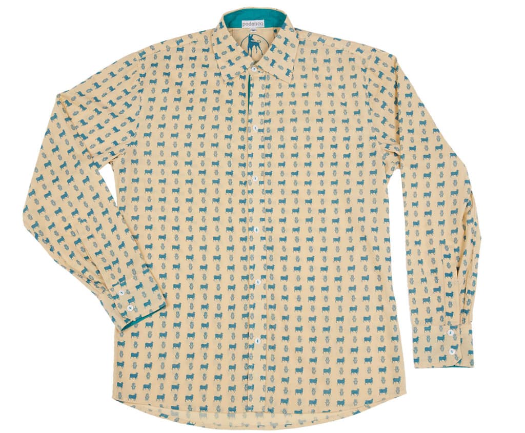 Men's Ibiza Style Mustard Cow & Hand Print Cotton Shirt